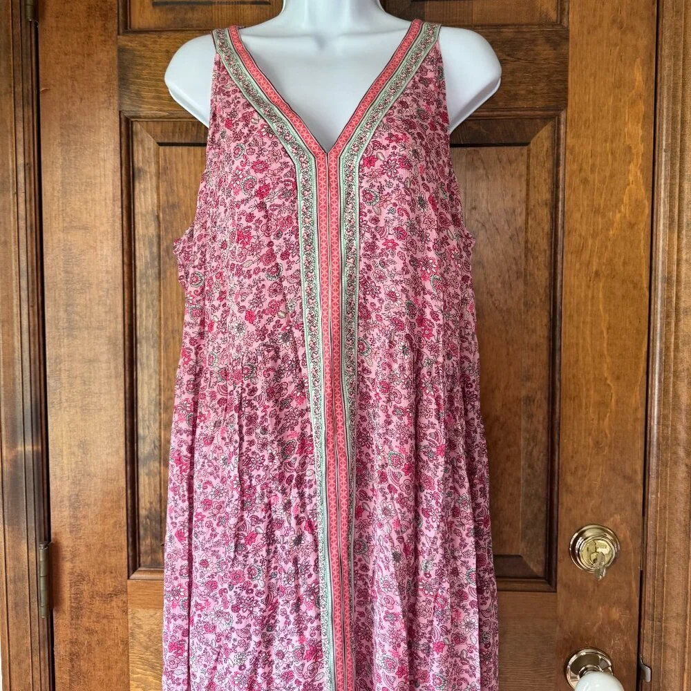 NWT J. Jill Pink w/Scattered Multicolor Flowers Sleeveless V-Neck Maxi Dress XL - Picture 2 of 12